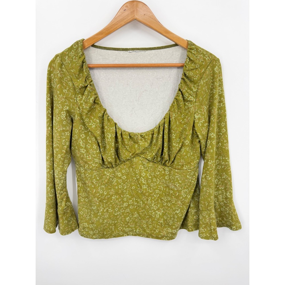 Reformation Green Floral Long Sleeve Top Women M Olive Bell Sleeve Gathered Neck